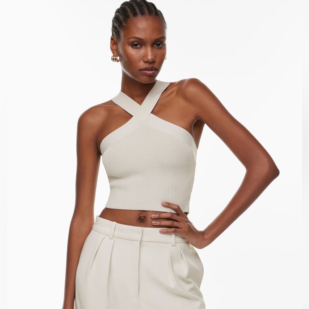 Aritiza Babaton Sculpt Knit Criss Cross Cropped Tank in matte pearl